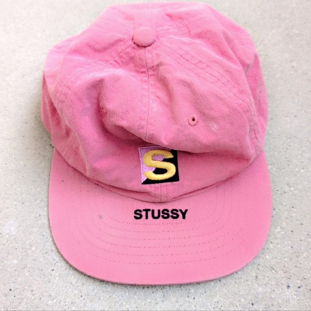 Stussy Hat Box Logo Strapback Spellout Pink Salmon Preowned Cap